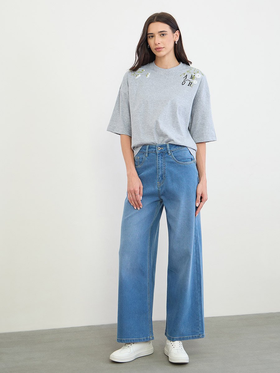 Grey Embroidered Oversized Cotton T-Shirt