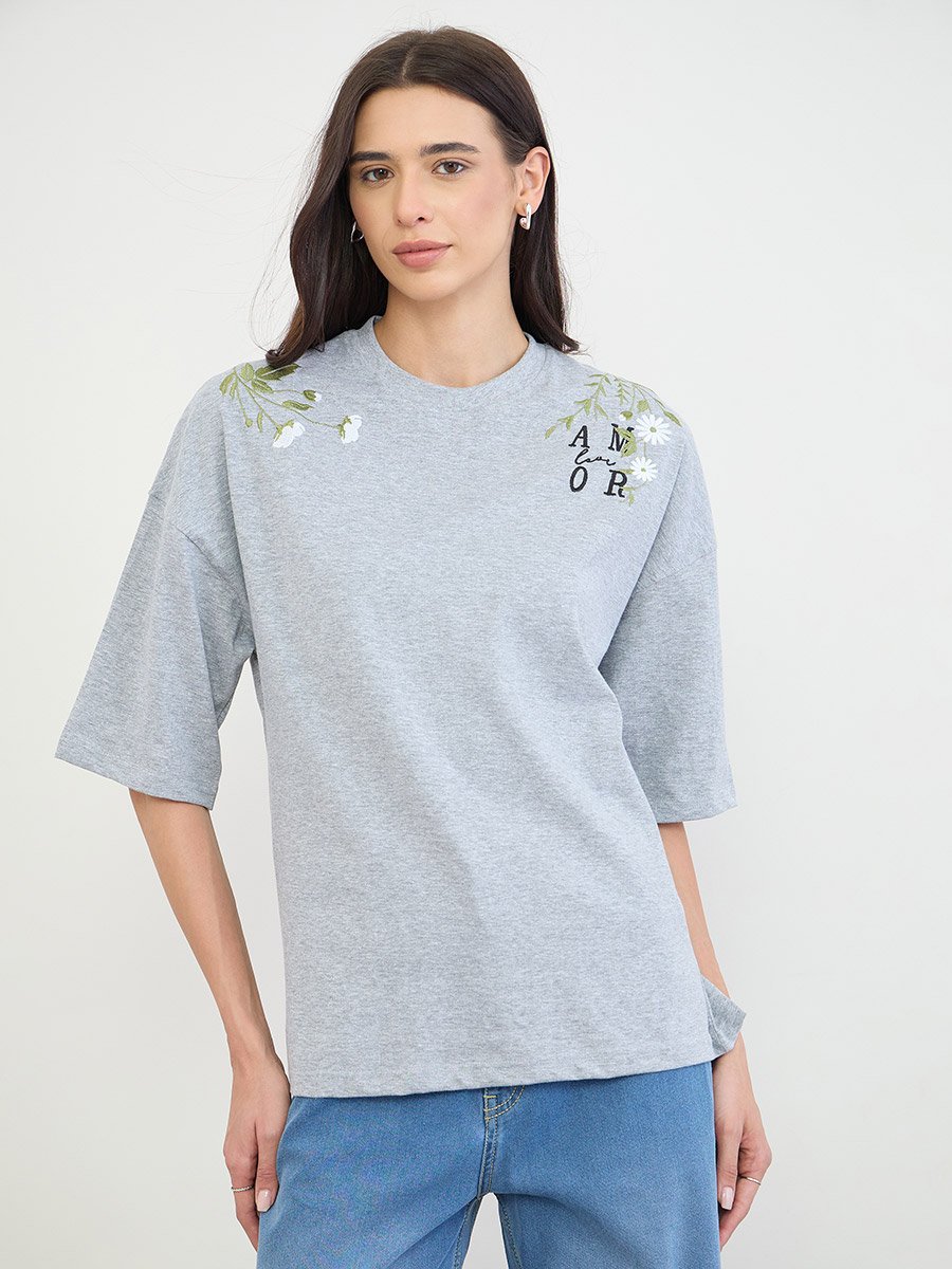 Grey Embroidered Oversized Cotton T-Shirt