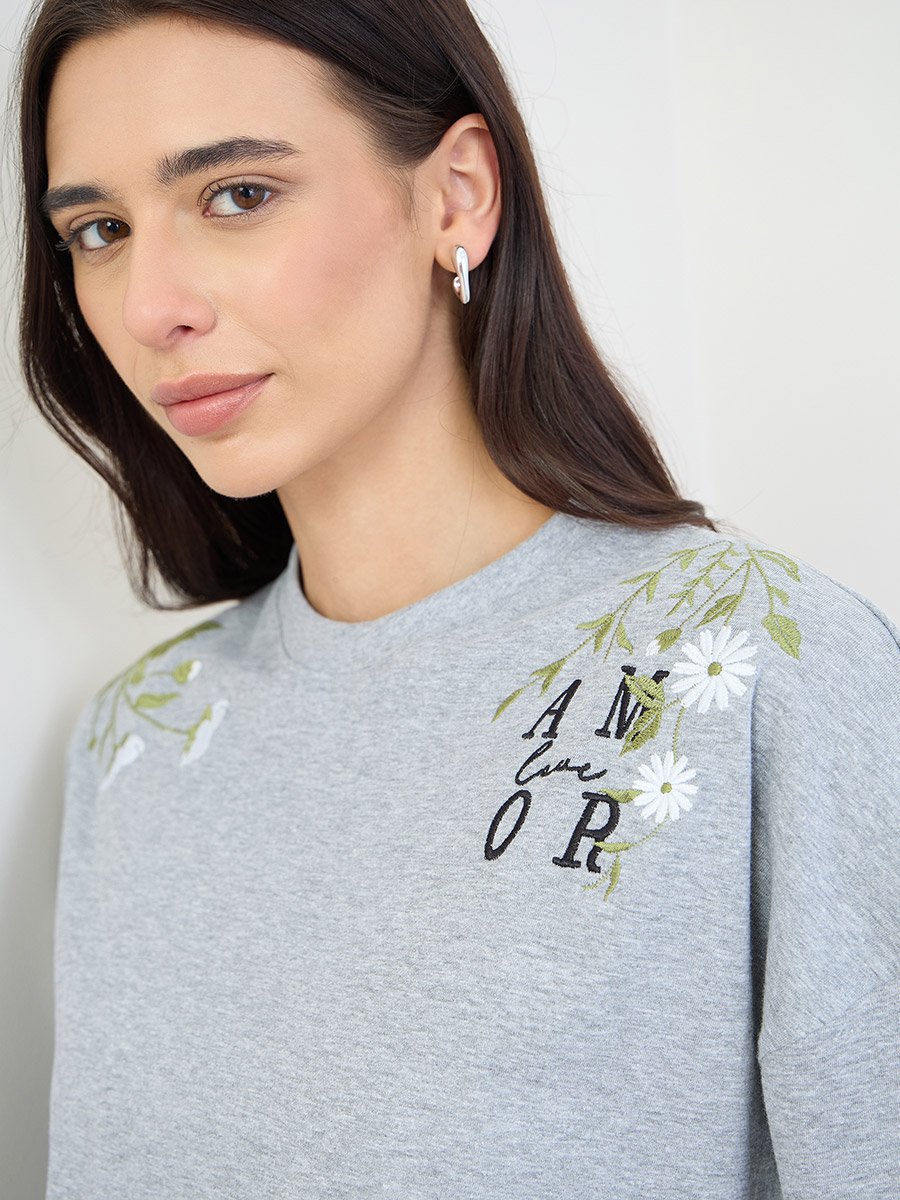 Grey Embroidered Oversized Cotton T-Shirt