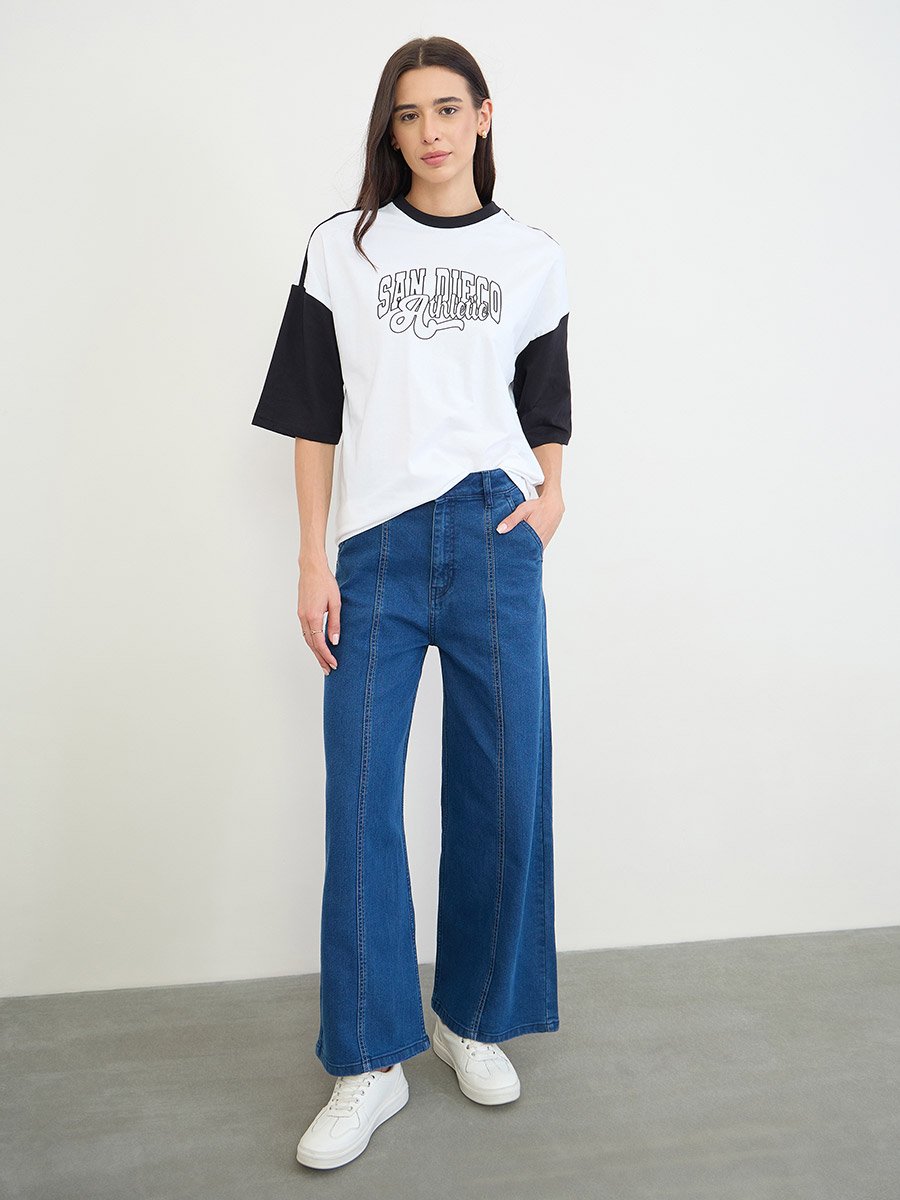 White Oversized Color Block Printed T-Shirt