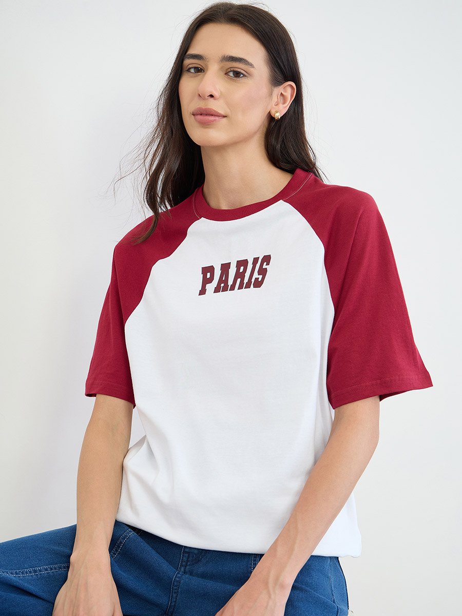 White Text Print Oversized Raglan Sleeve T-Shirt