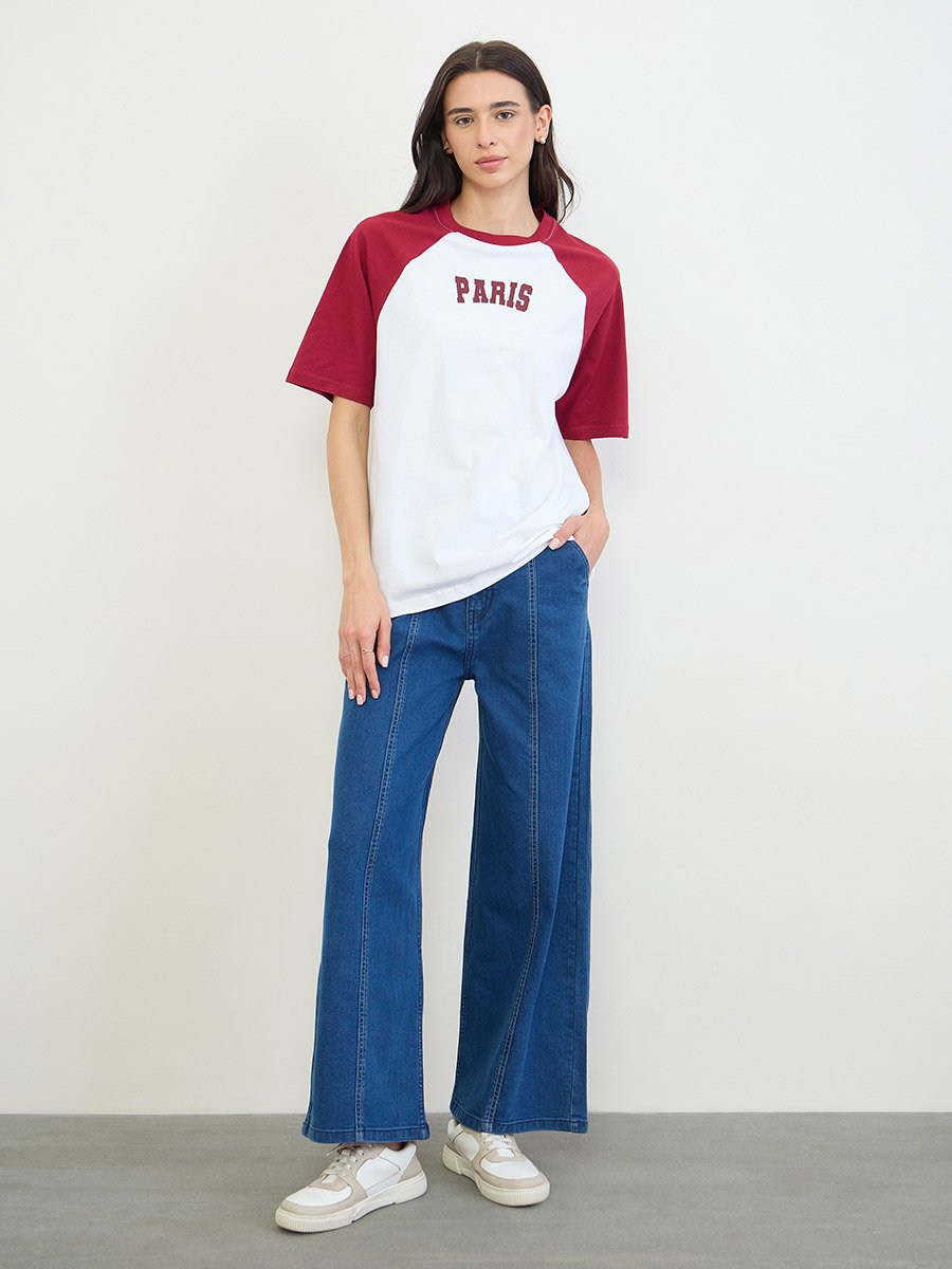 White Text Print Oversized Raglan Sleeve T-Shirt