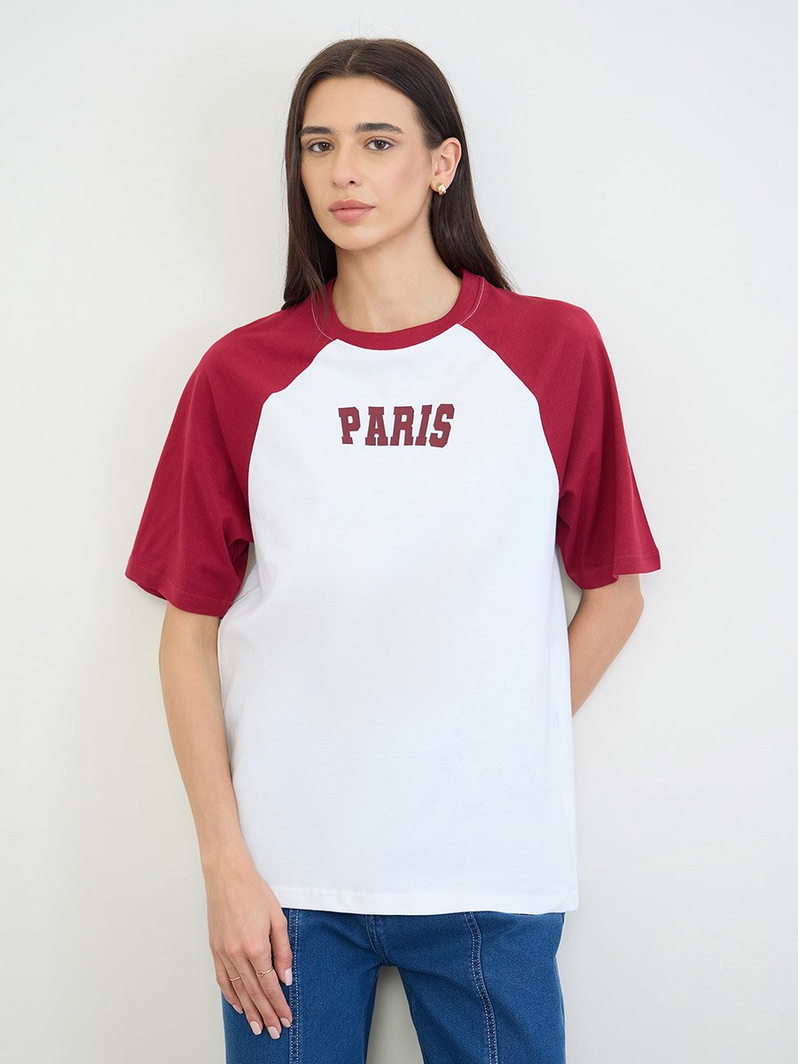 White Text Print Oversized Raglan Sleeve T-Shirt