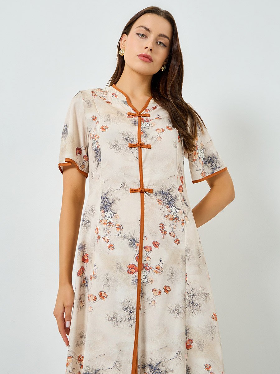 Floral Print Short Sleeve A-Line Maxi Dress