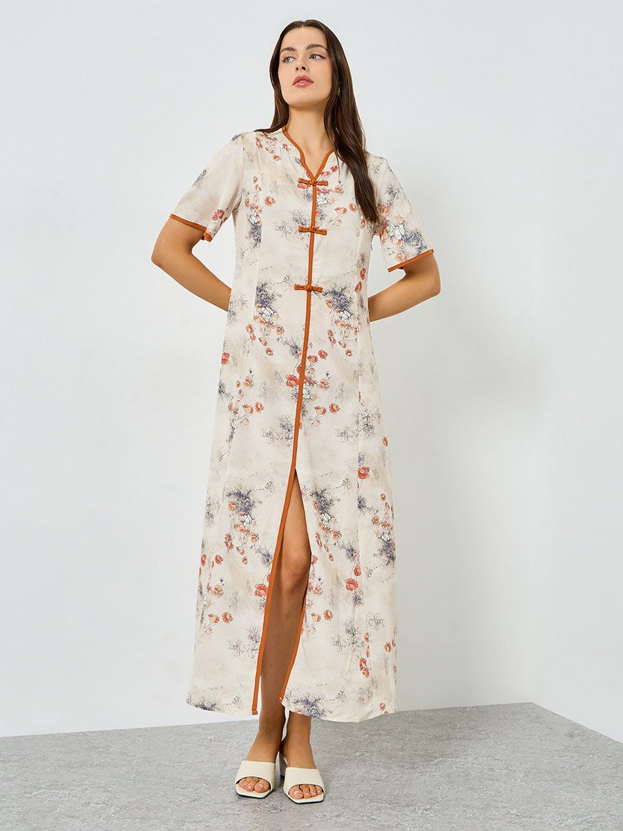 Floral Print Short Sleeve A-Line Maxi Dress