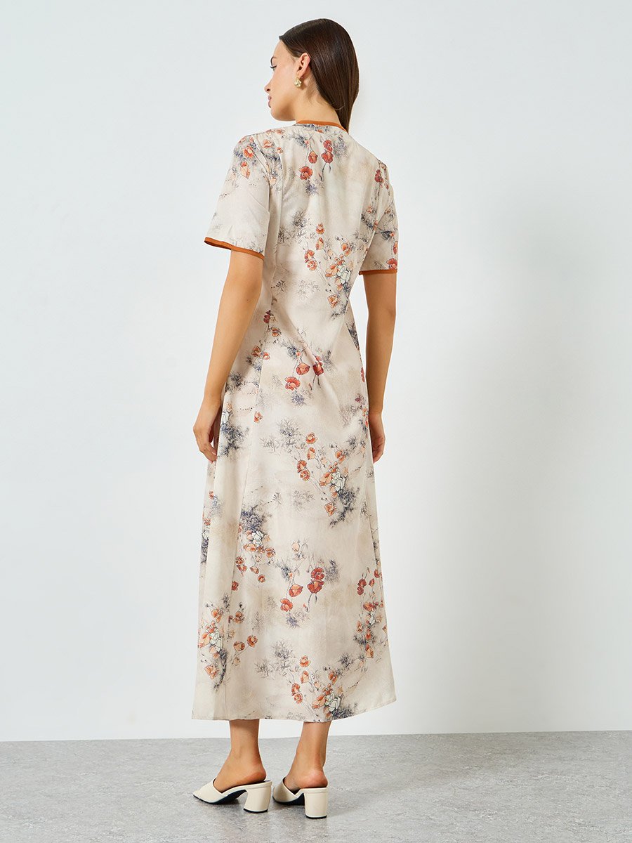 Floral Print Short Sleeve A-Line Maxi Dress