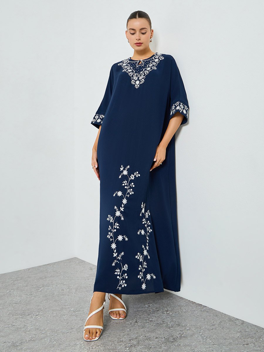 Navy Blue Embroidered A-Line Jalabiya