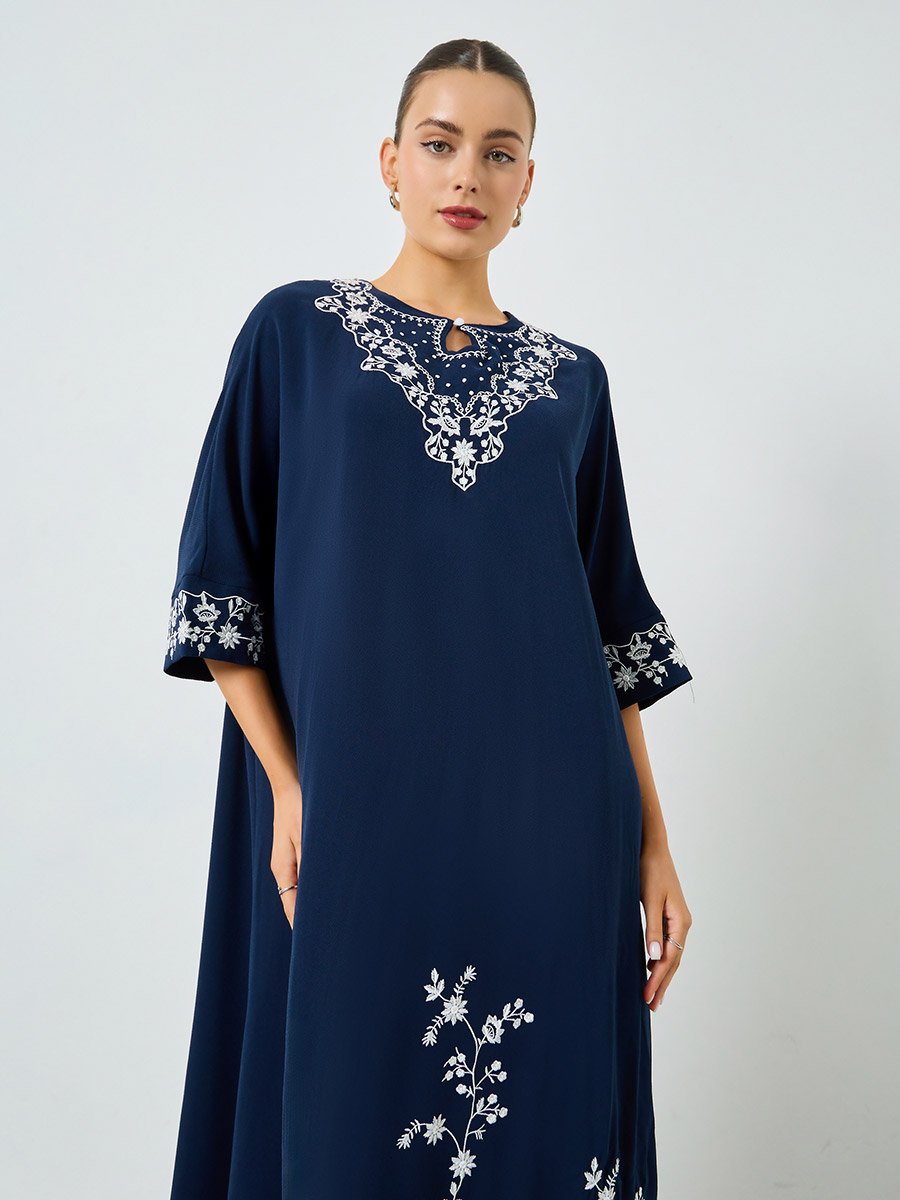 Navy Blue Embroidered A-Line Jalabiya