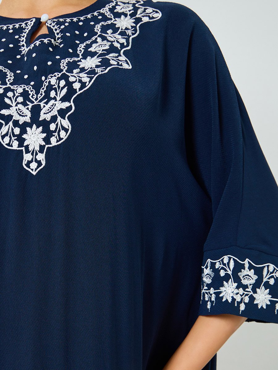 Navy Blue Embroidered A-Line Jalabiya