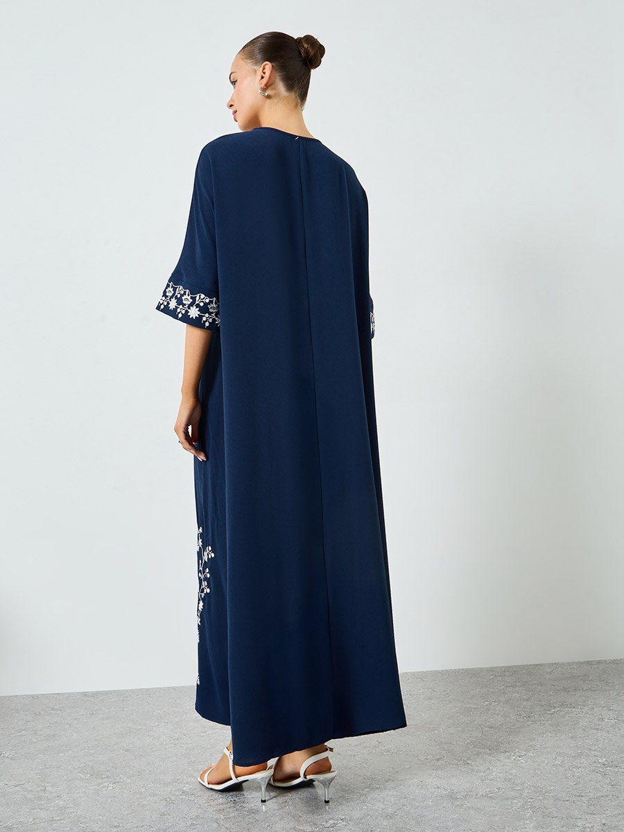 Navy Blue Embroidered A-Line Jalabiya