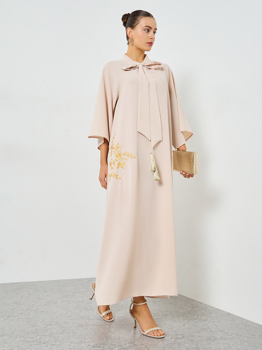 Beige Embroidered Tie Neck A-Line Jalabiya