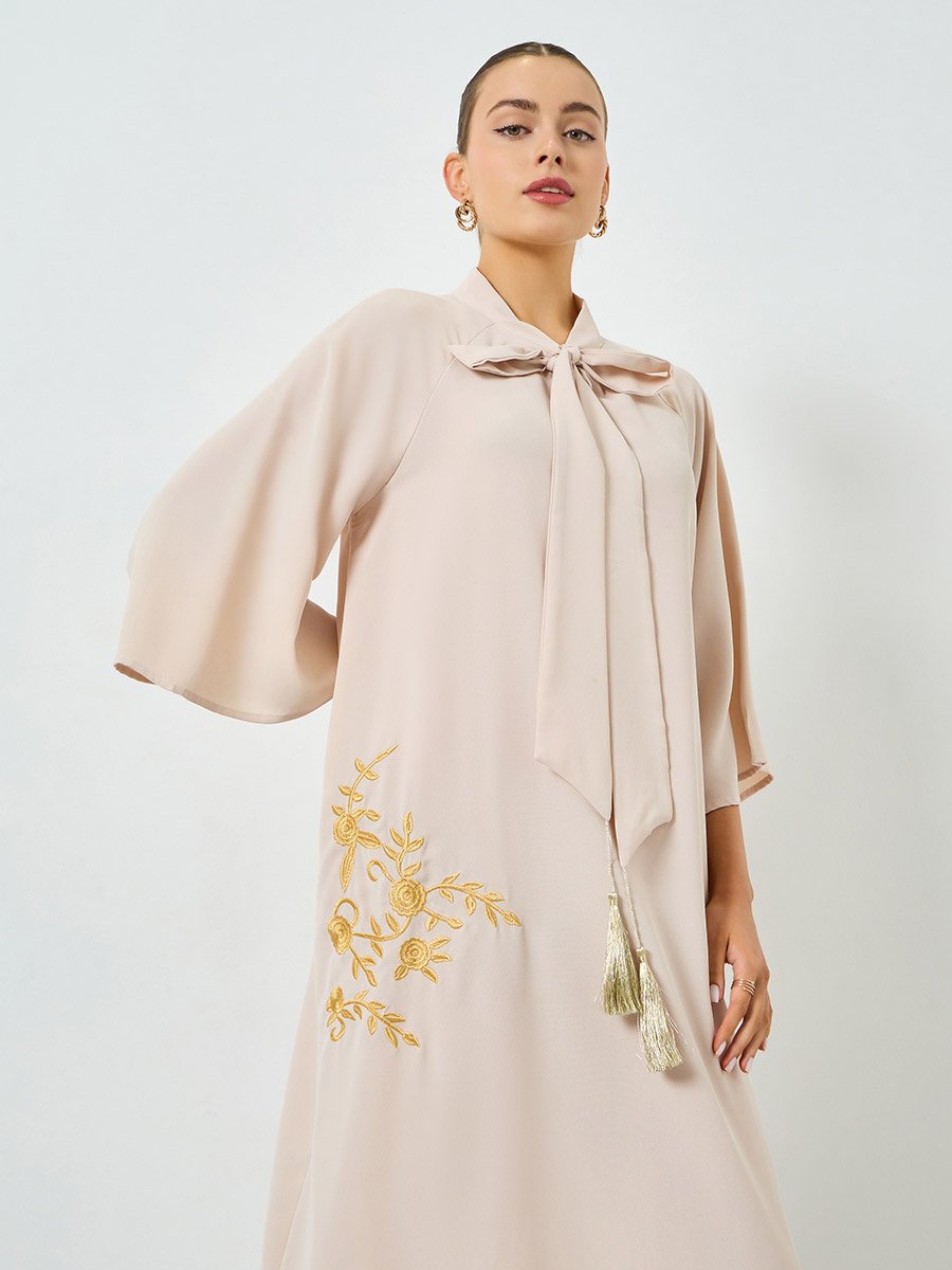 Beige Embroidered Tie Neck A-Line Jalabiya