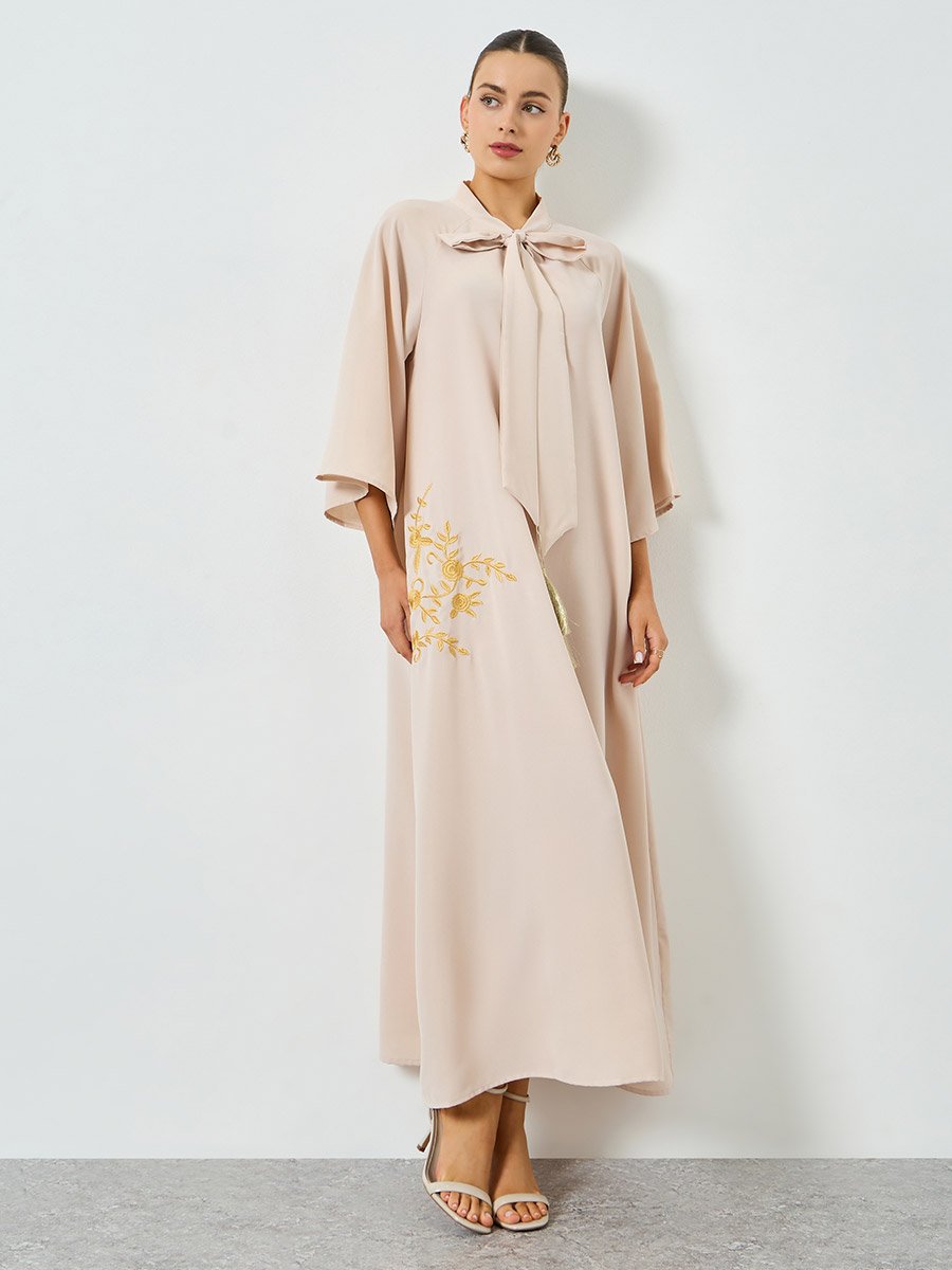 Beige Embroidered Tie Neck A-Line Jalabiya