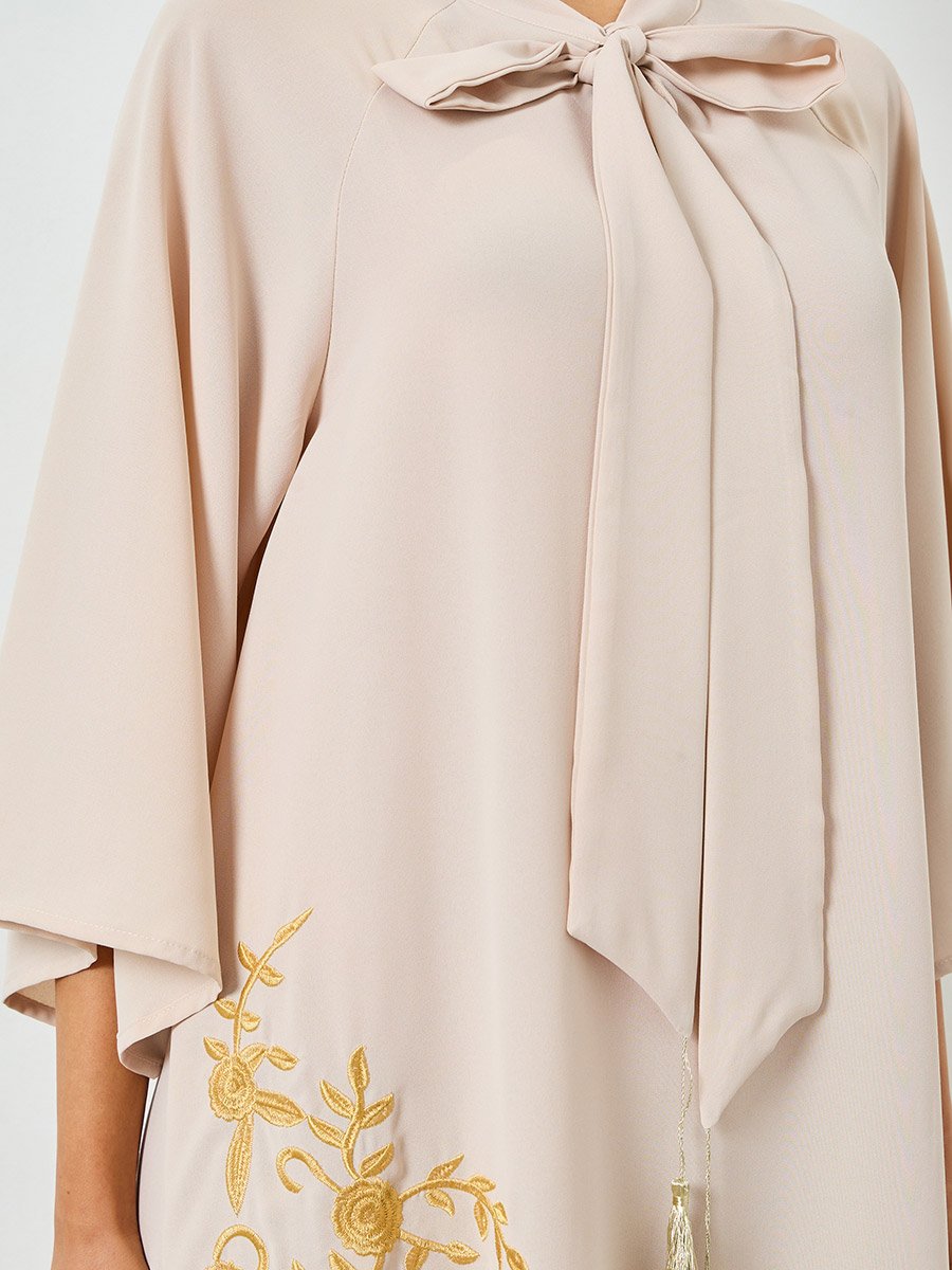 Beige Embroidered Tie Neck A-Line Jalabiya