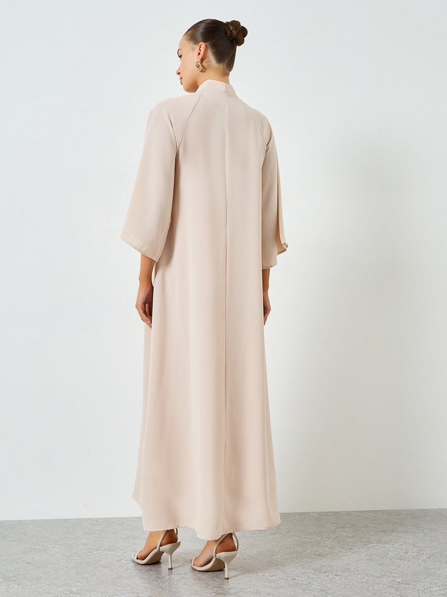 Beige Embroidered Tie Neck A-Line Jalabiya