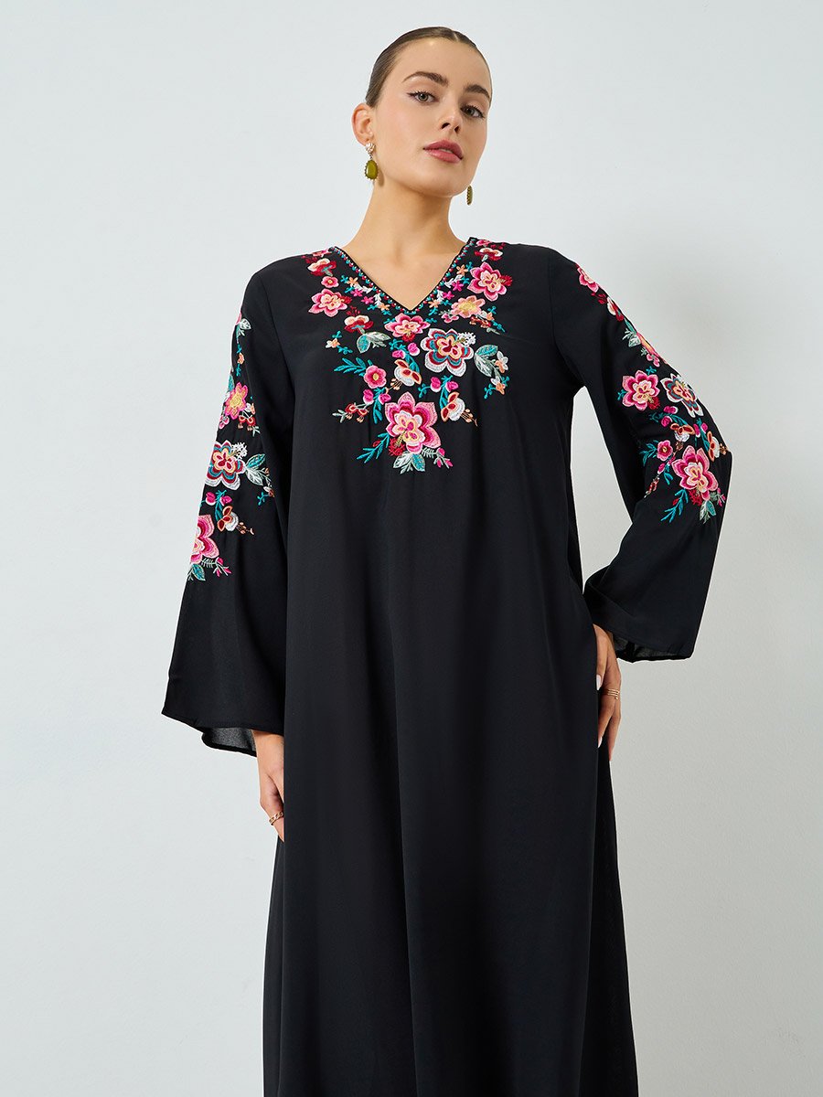 Black Floral Embroidered A-Line Jalabiya