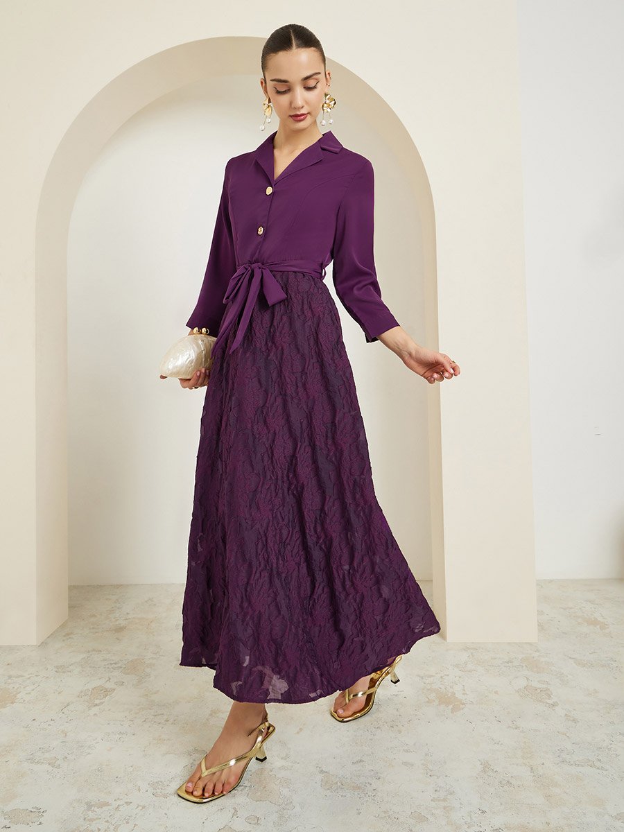 Purple Jacquard Buttoned Maxi Dress with 3/4 Sleeves