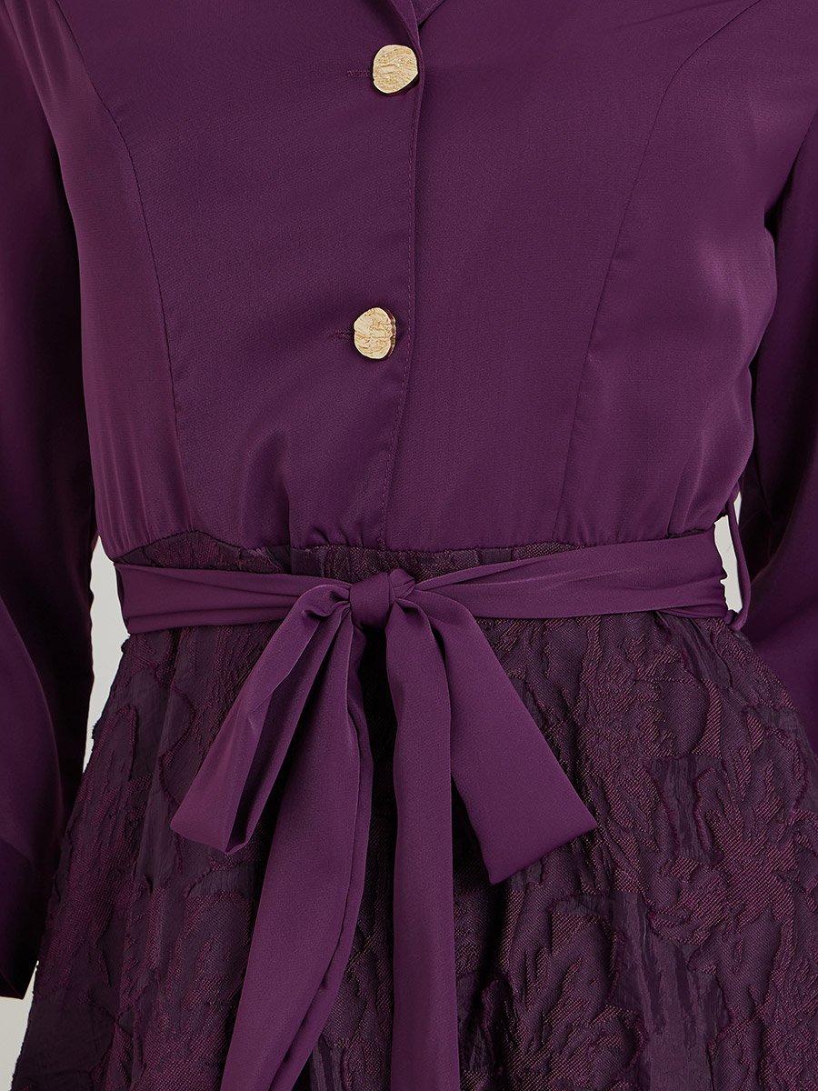Purple Jacquard Buttoned Maxi Dress with 3/4 Sleeves