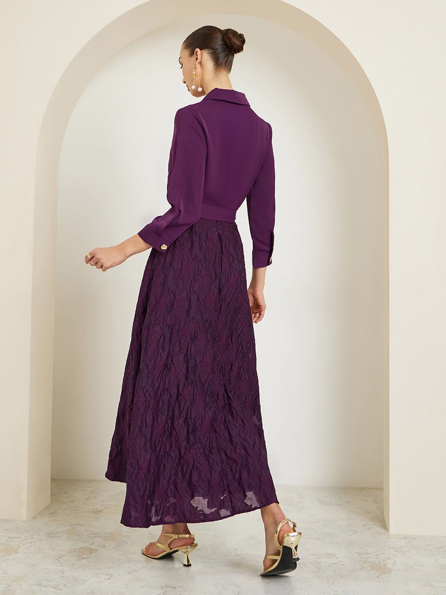 Purple Jacquard Buttoned Maxi Dress with 3/4 Sleeves