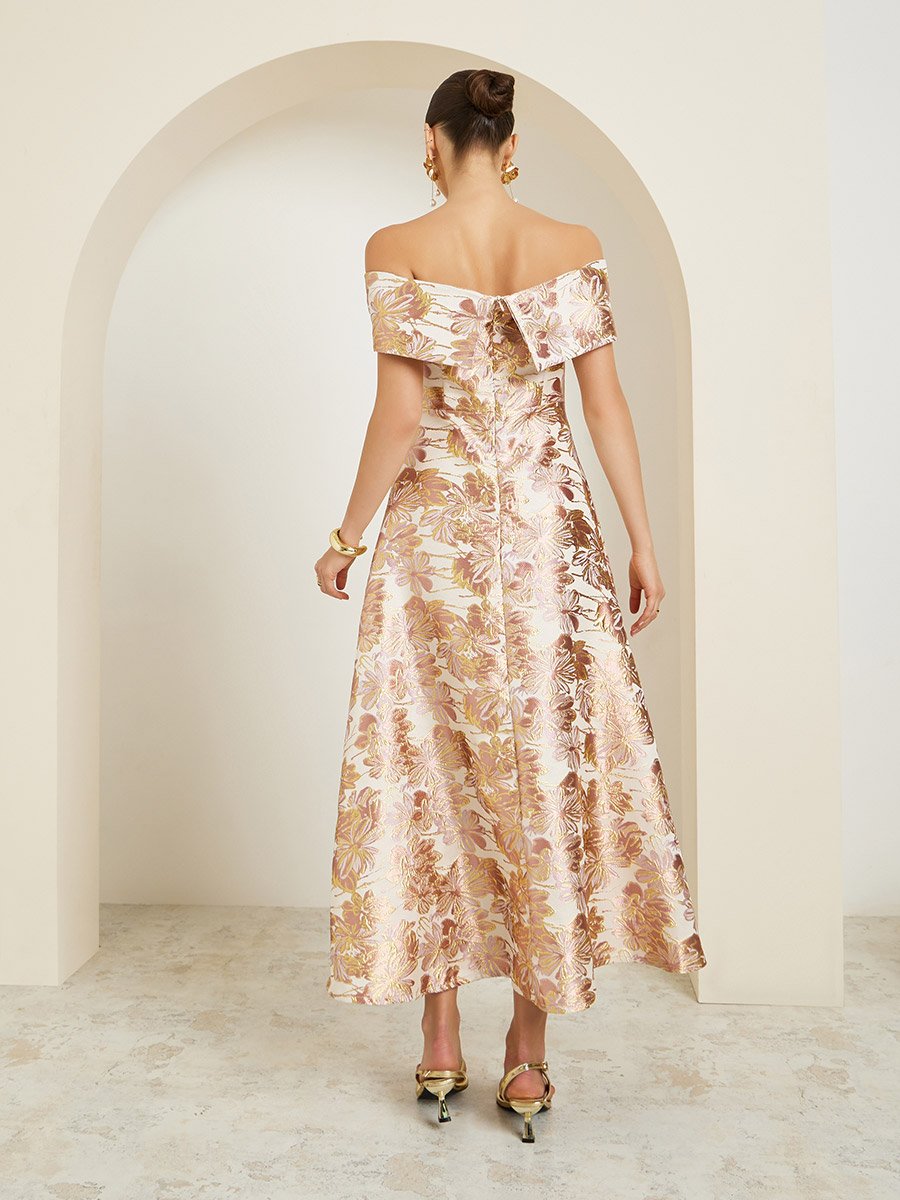 Gold Off Shoulder Jacquard A-Line Maxi Dress