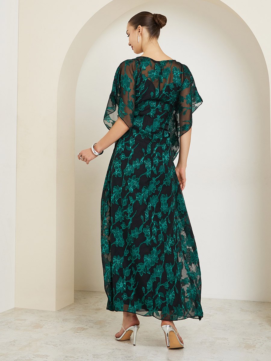 Green Embellished Jacquard A-Line Maxi Dress For Women at Saudi | Styli Green Embellished Jacquard A-Line Maxi Dress For Women at Saudi | Styli