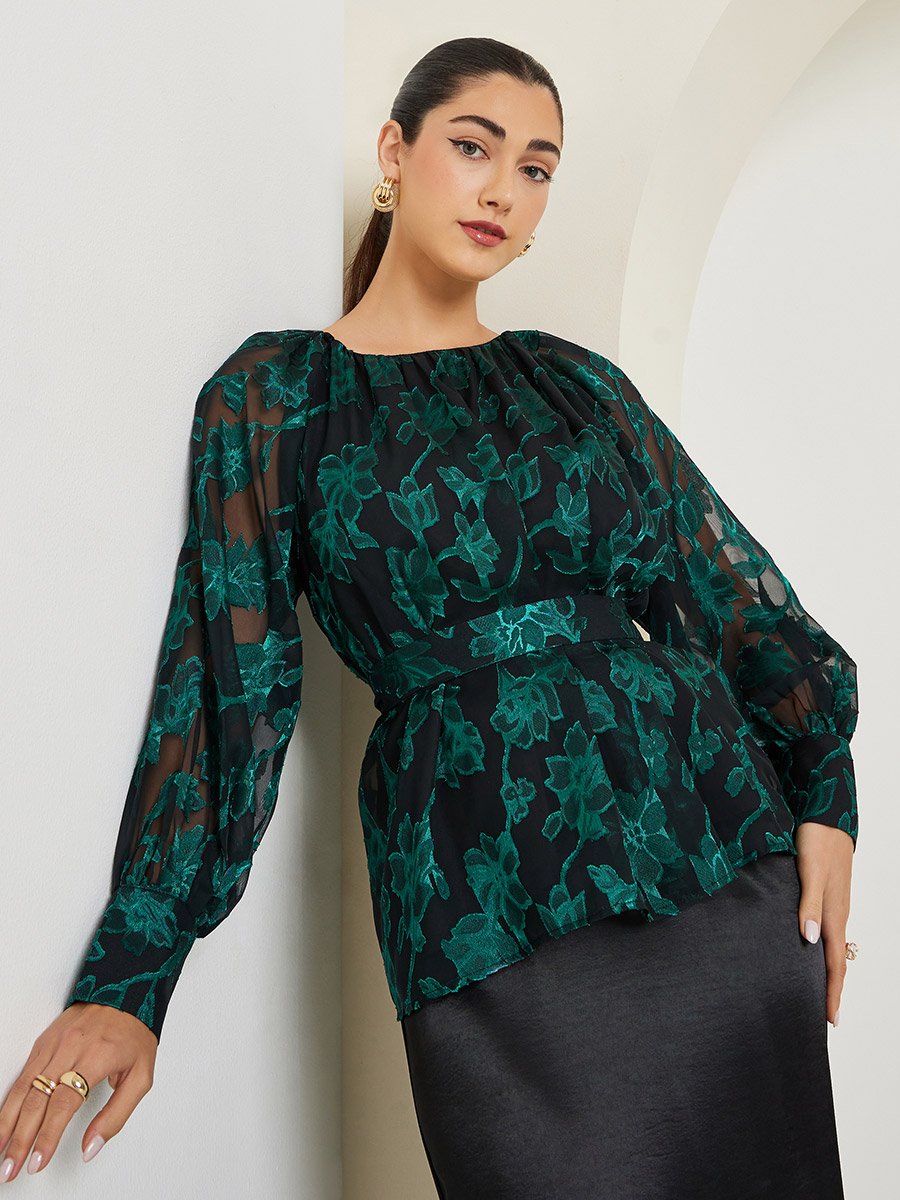 Green Jacquard Floral Long Sleeve Top