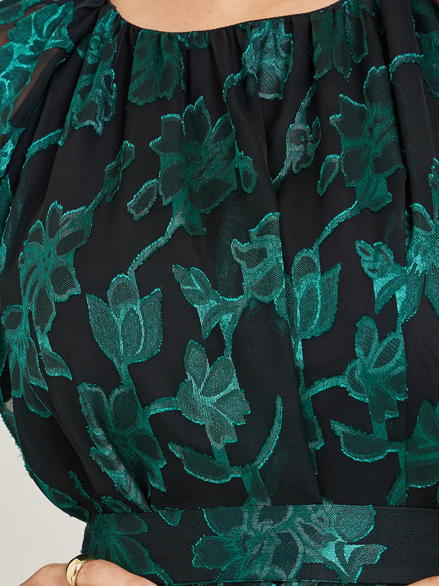Green Jacquard Floral Long Sleeve Top