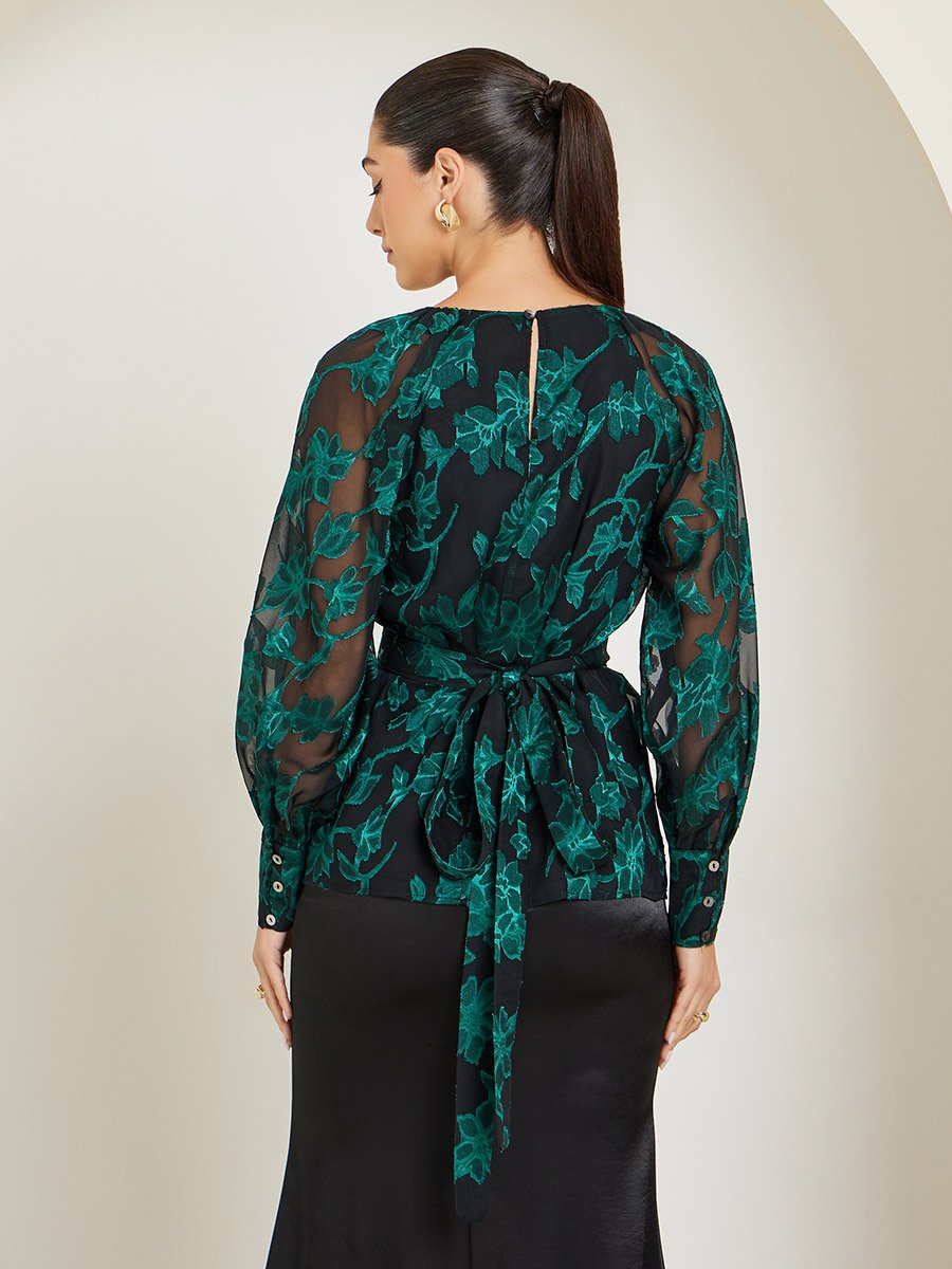 Green Jacquard Floral Long Sleeve Top