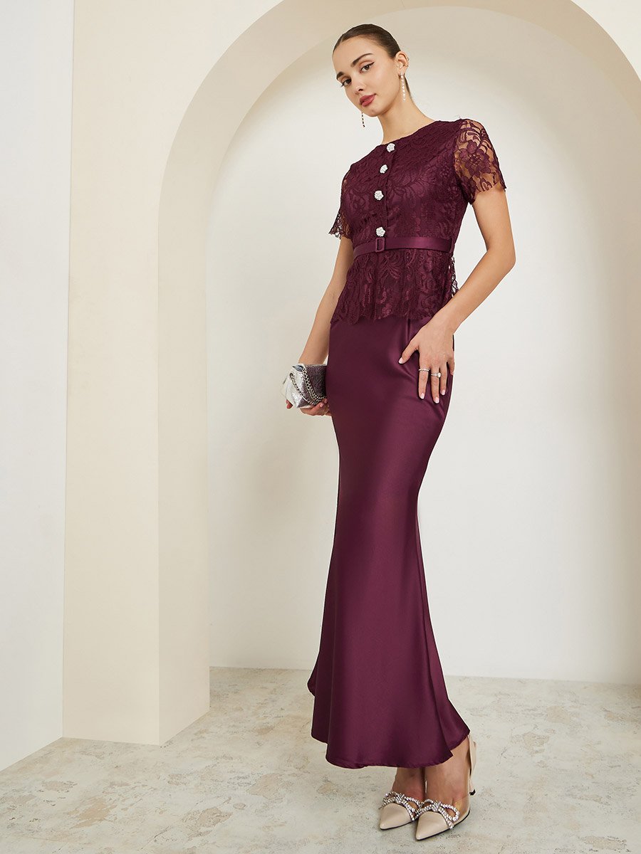 Burgundy Lace Buttoned Satin Maxi Dress For Women at UAE | Styli Burgundy Lace Buttoned Satin Maxi Dress For Women at UAE | Styli