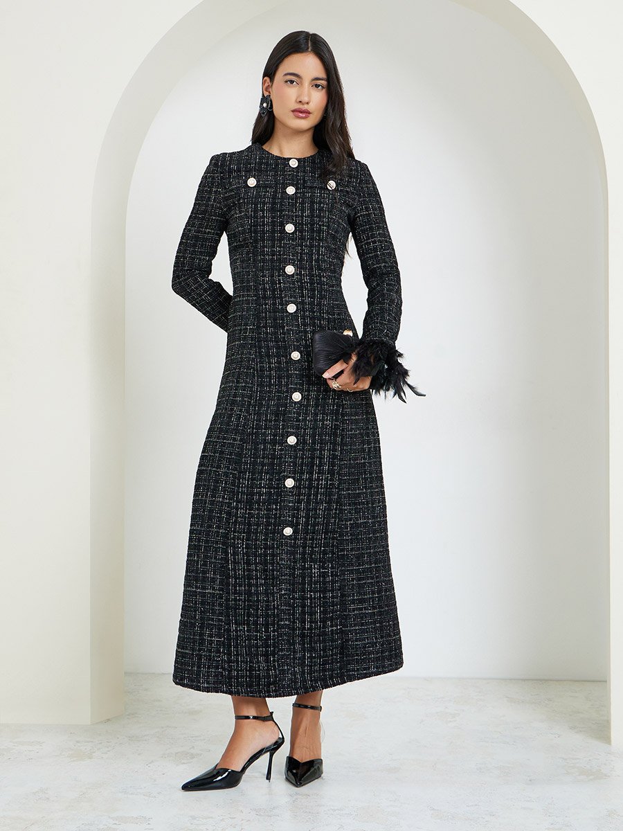Black Tweed Buttoned Maxi Dress