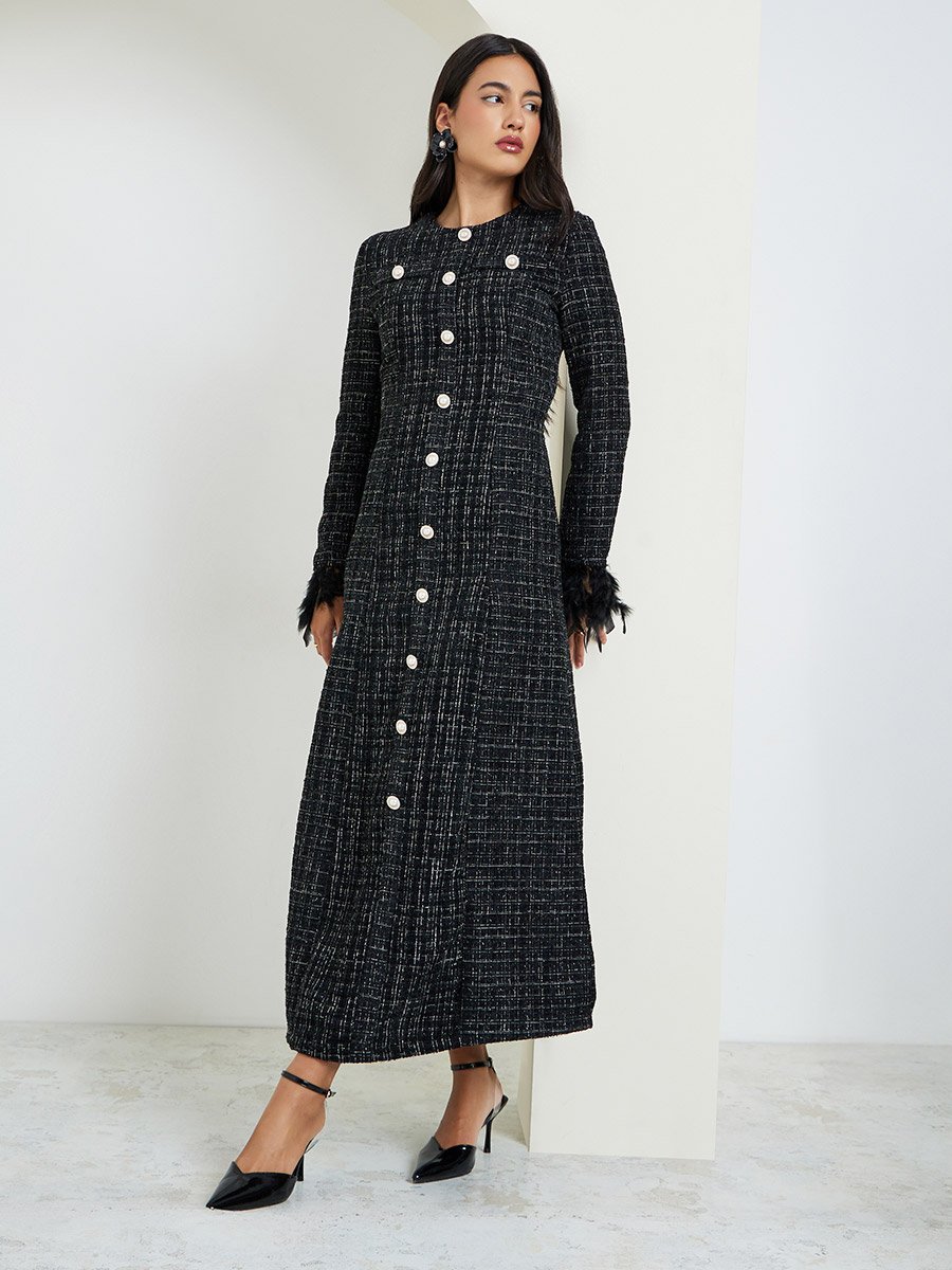 Black Tweed Buttoned Maxi Dress