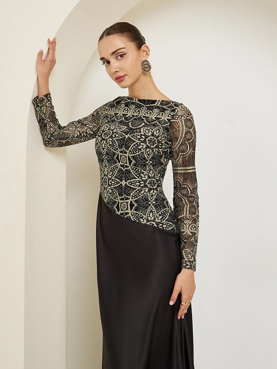 Black Asymmetric Lace Satin Maxi Dress For Women at UAE | Styli Black Asymmetric Lace Satin Maxi Dress For Women at UAE | Styli