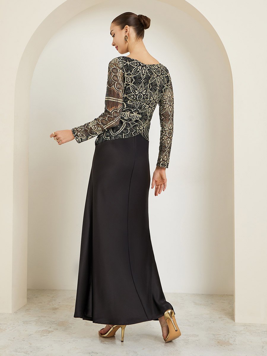 Black Asymmetric Lace Satin Maxi Dress For Women at UAE | Styli