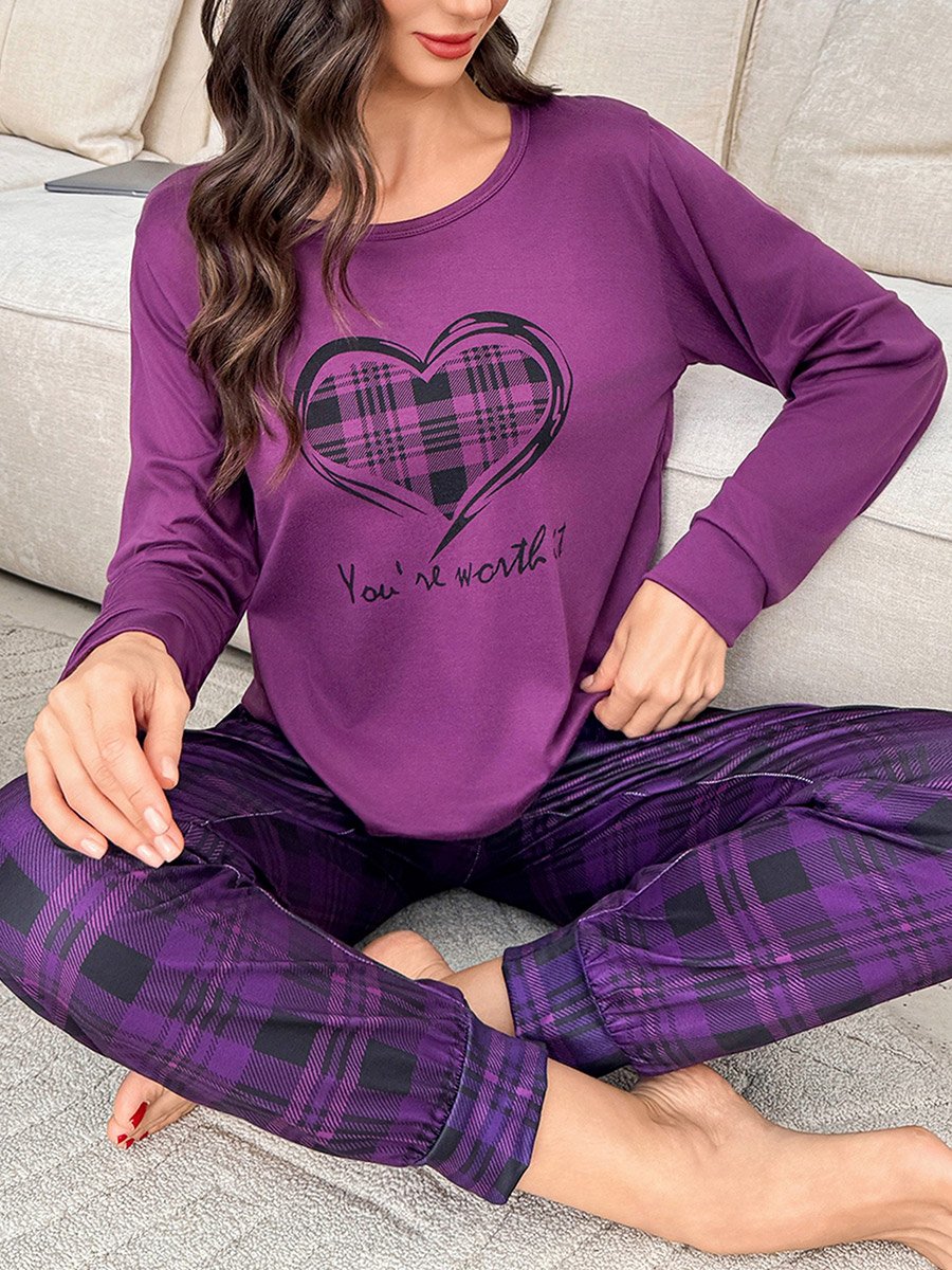 Purple Heart Print T-Shirt and Checked Pyjama Set