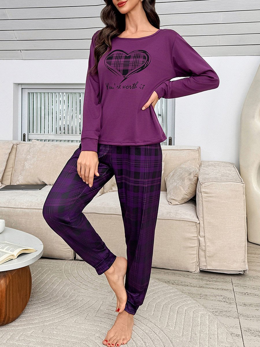 Purple Heart Print T-Shirt and Checked Pyjama Set