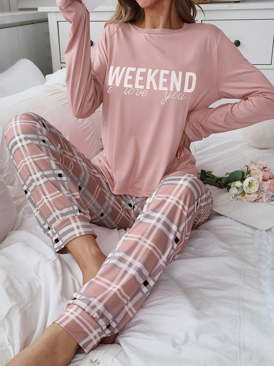 Pink Slogan Text Print T-Shirt and Checked Pyjama Set