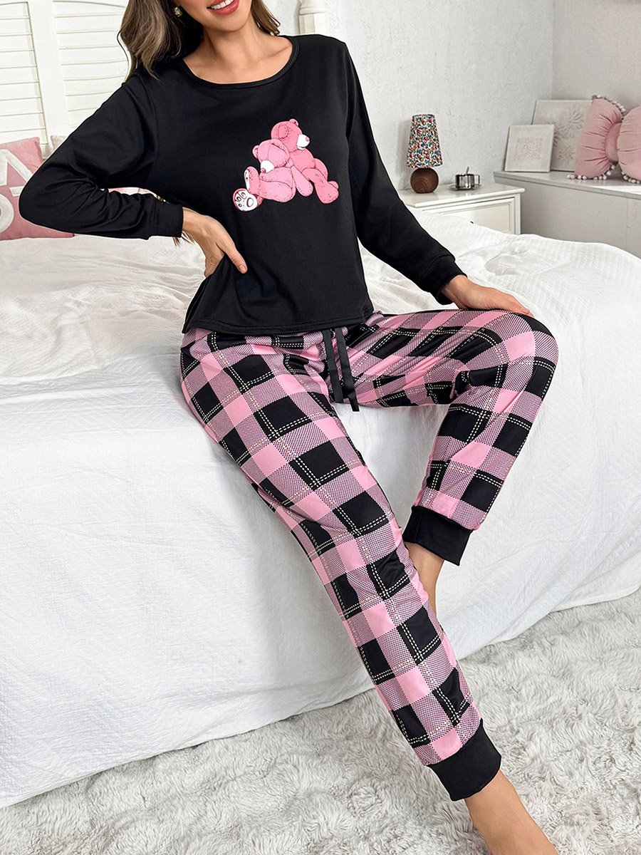 Black Bear Print T-Shirt and Checked Pyjama Set