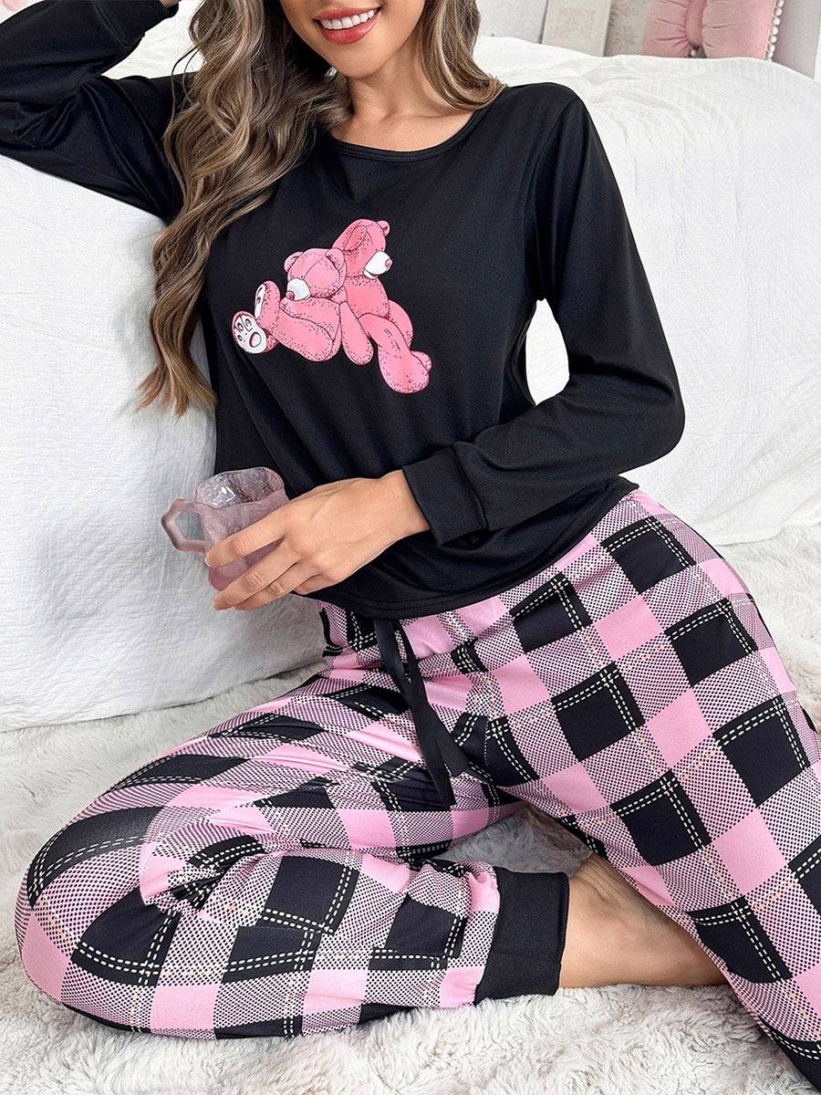 Black Bear Print T-Shirt and Checked Pyjama Set