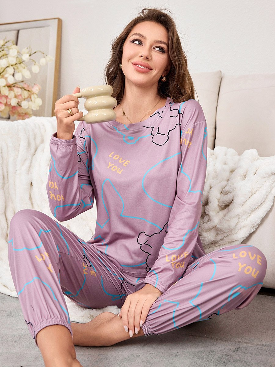 Lilac Graphic Long Sleeve T-Shirt and Pyjama Set