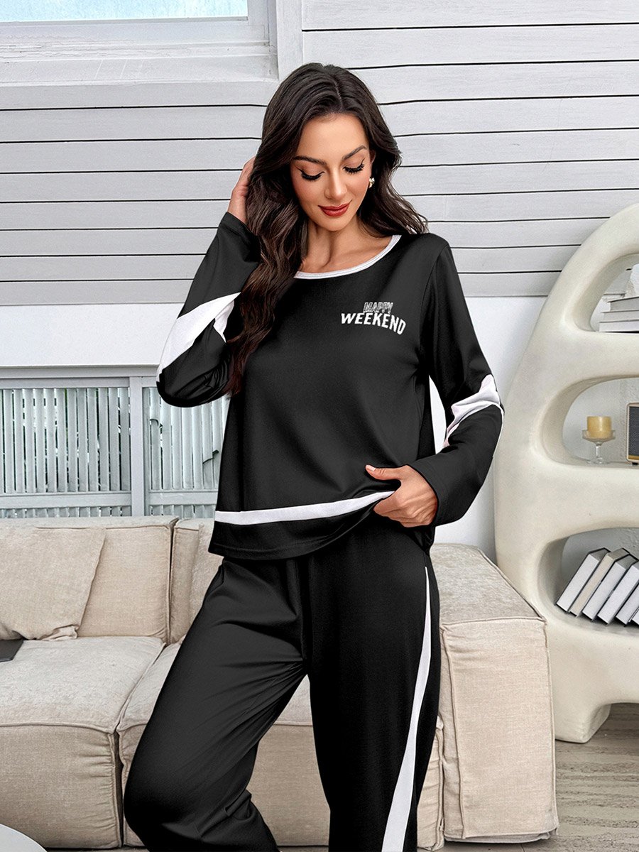 Black Side Stripe Printed T-Shirt and Pyjama Set