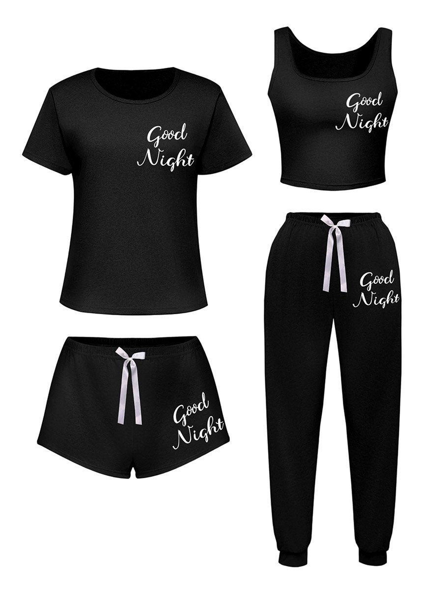 Pack of 4 - Slogan Text Print T-Shirt, Cami, Shorts and Pyjama Set