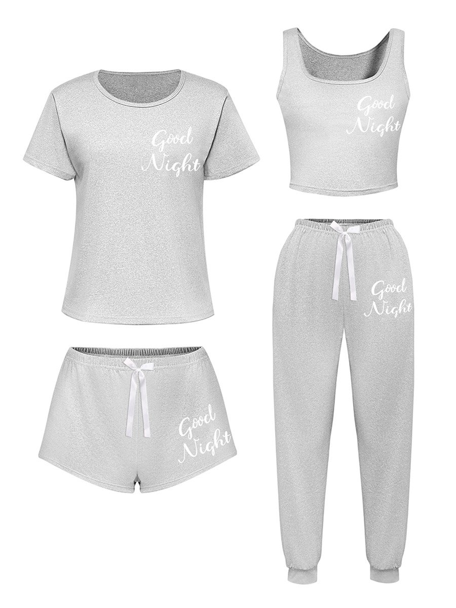 Pack of 4 - Slogan Text Print T-Shirt, Cami, Shorts and Pyjama Set