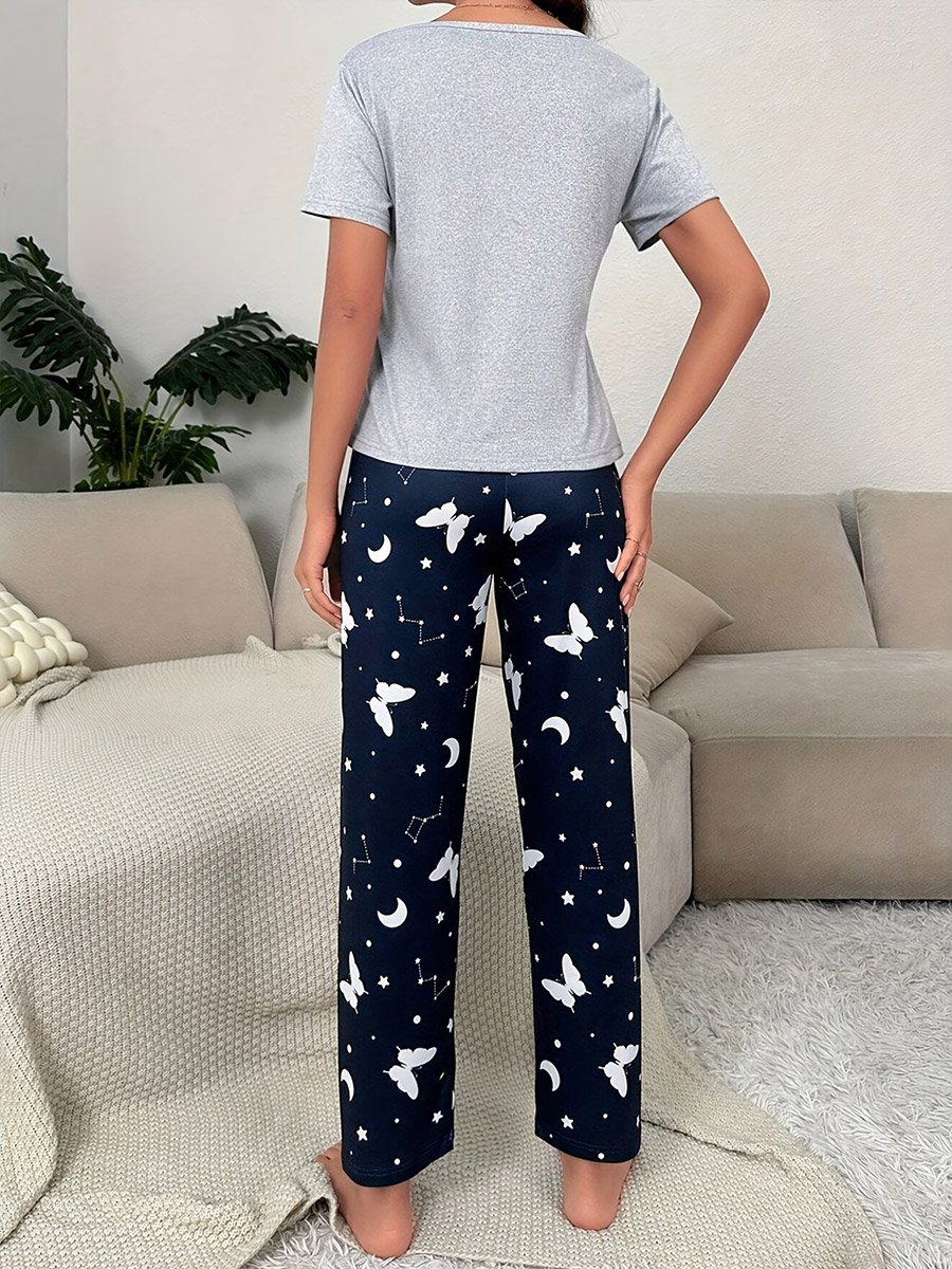 Grey Butterfly Print T-Shirt and Pyjama Set
