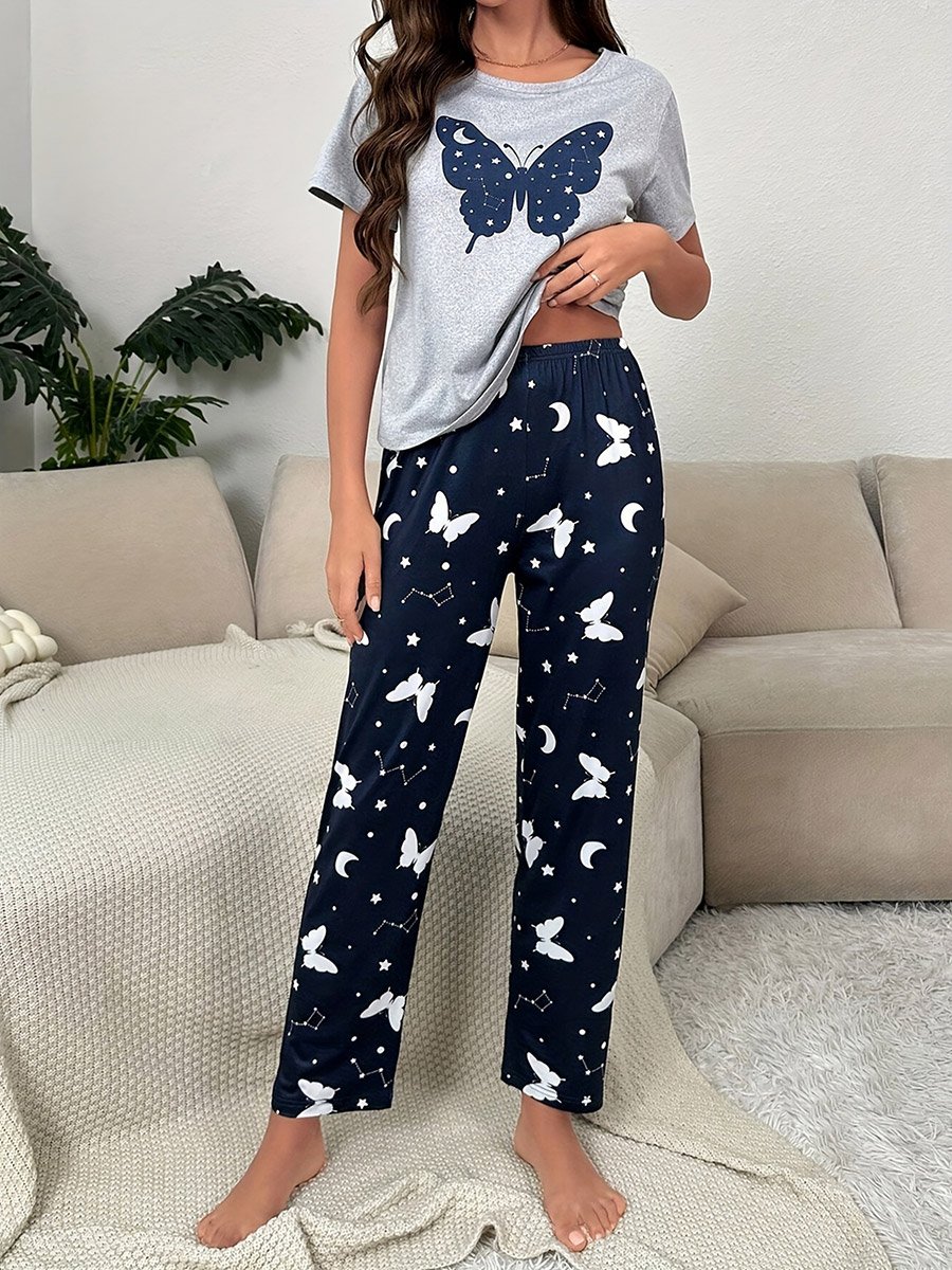 Grey Butterfly Print T-Shirt and Pyjama Set
