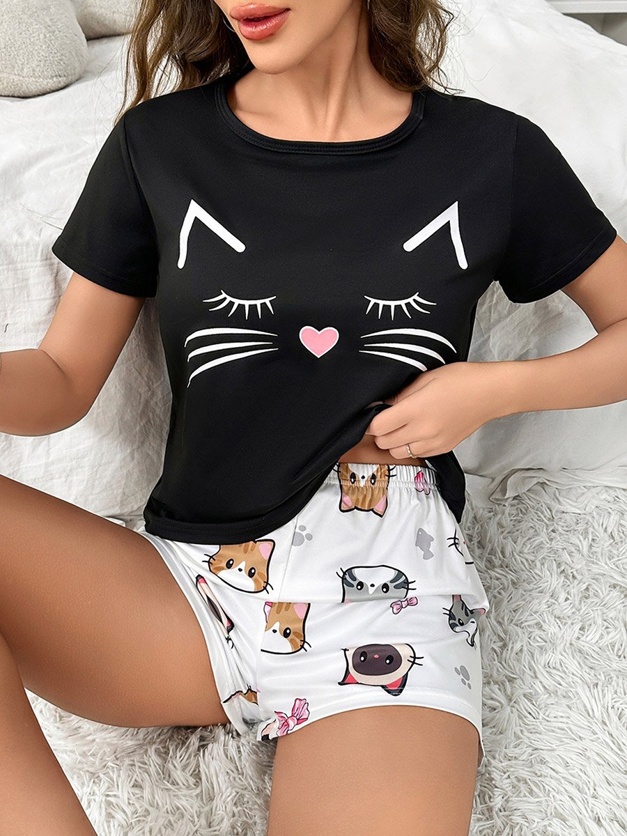 Black Cat Graphic T-Shirt and Shorts Set