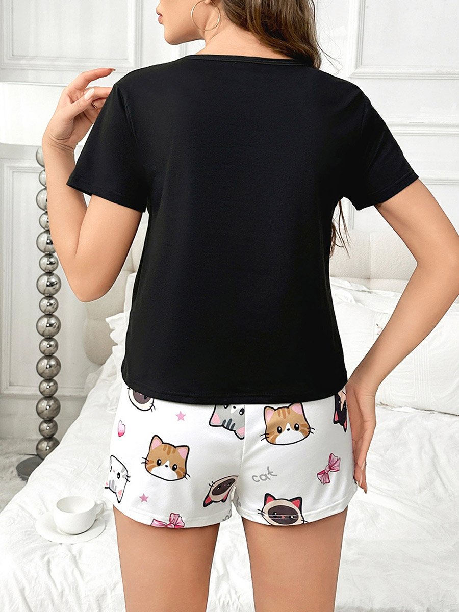 Black Cat Graphic T-Shirt and Shorts Set