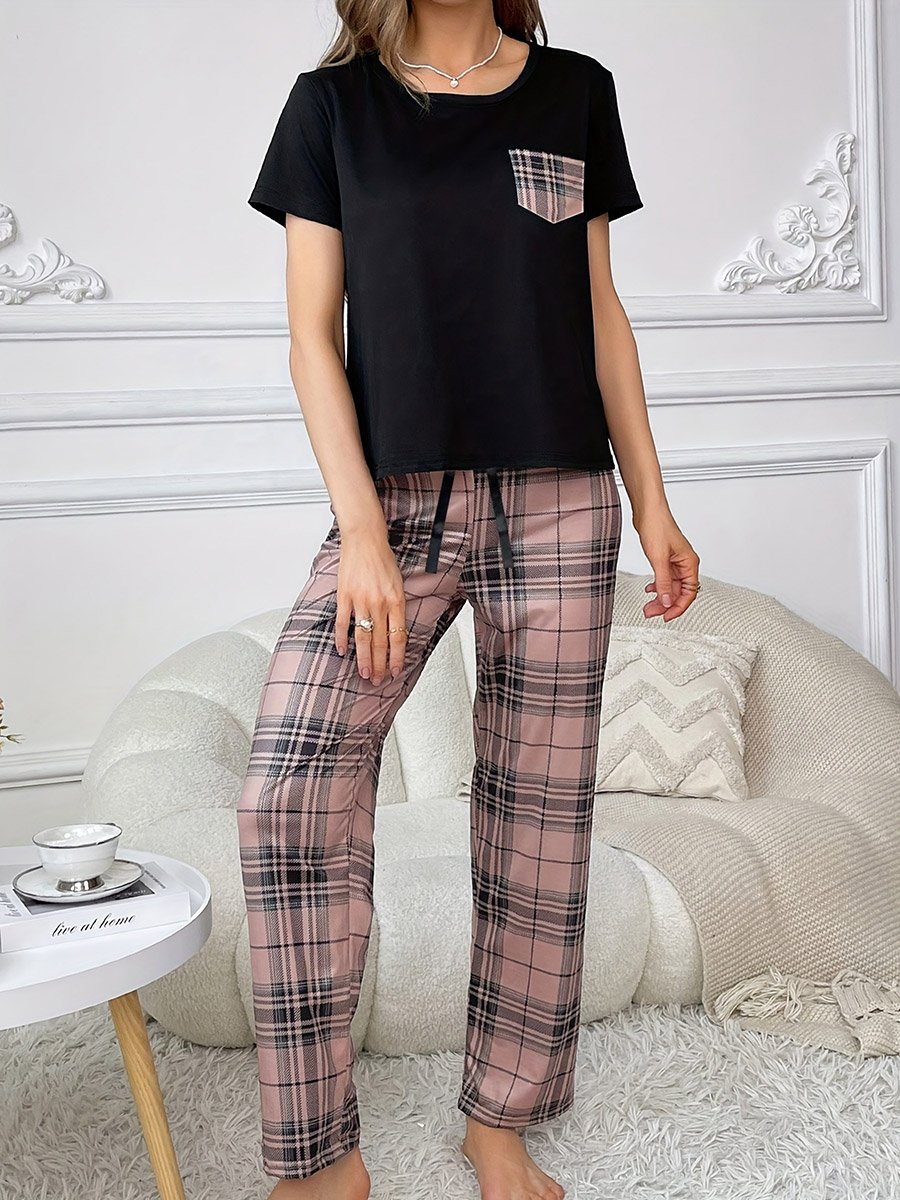 Black Plaid Pocket Print T-Shirt and Shorts Set