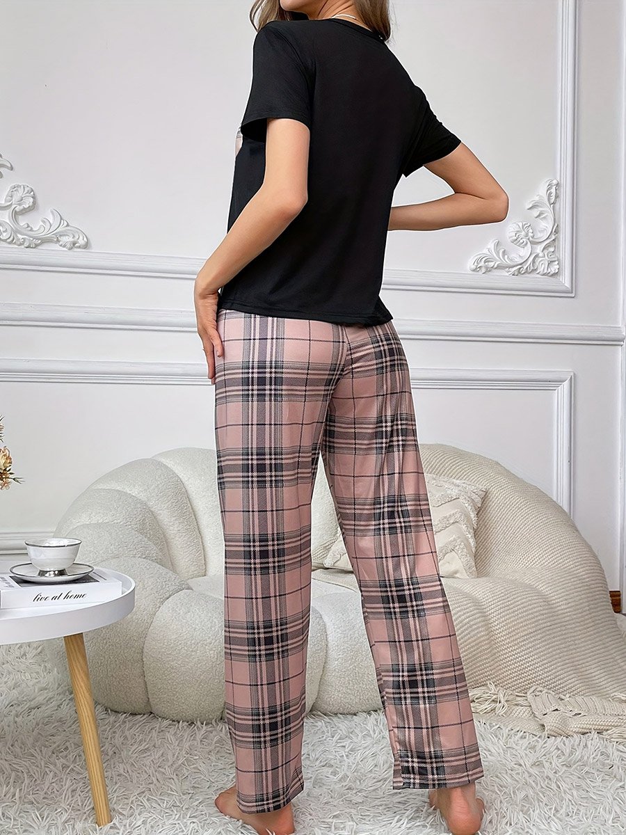 Black Plaid Pocket Print T-Shirt and Shorts Set