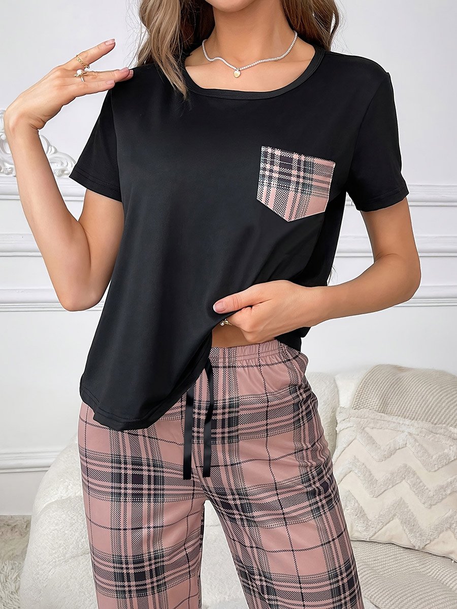 Black Plaid Pocket Print T-Shirt and Shorts Set