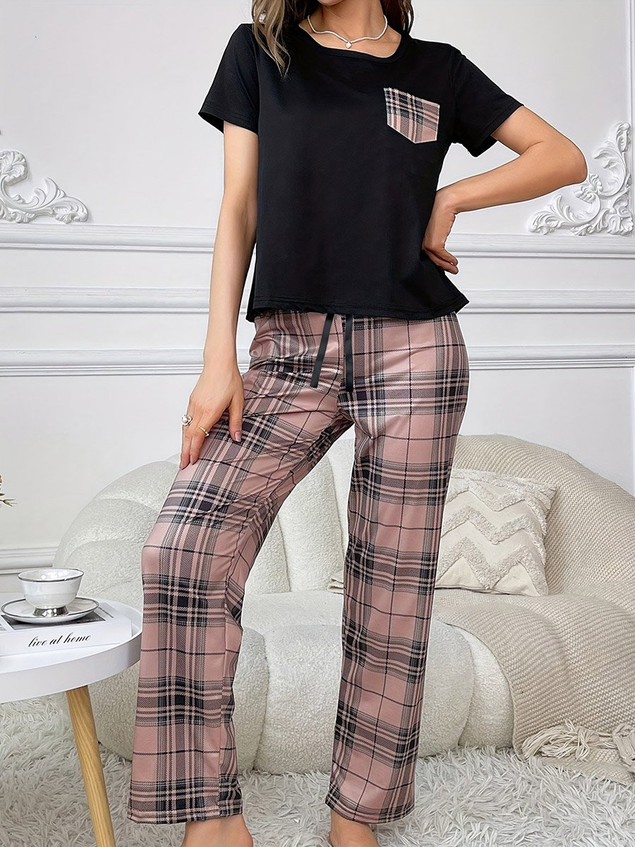 Black Plaid Pocket Print T-Shirt and Shorts Set